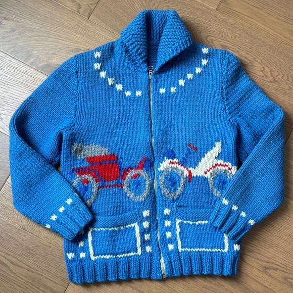 Vintage Sweaters - Native Cowichan Sweater Vintage Cardian - Automobiles/Cars - Ladies Small - Blue